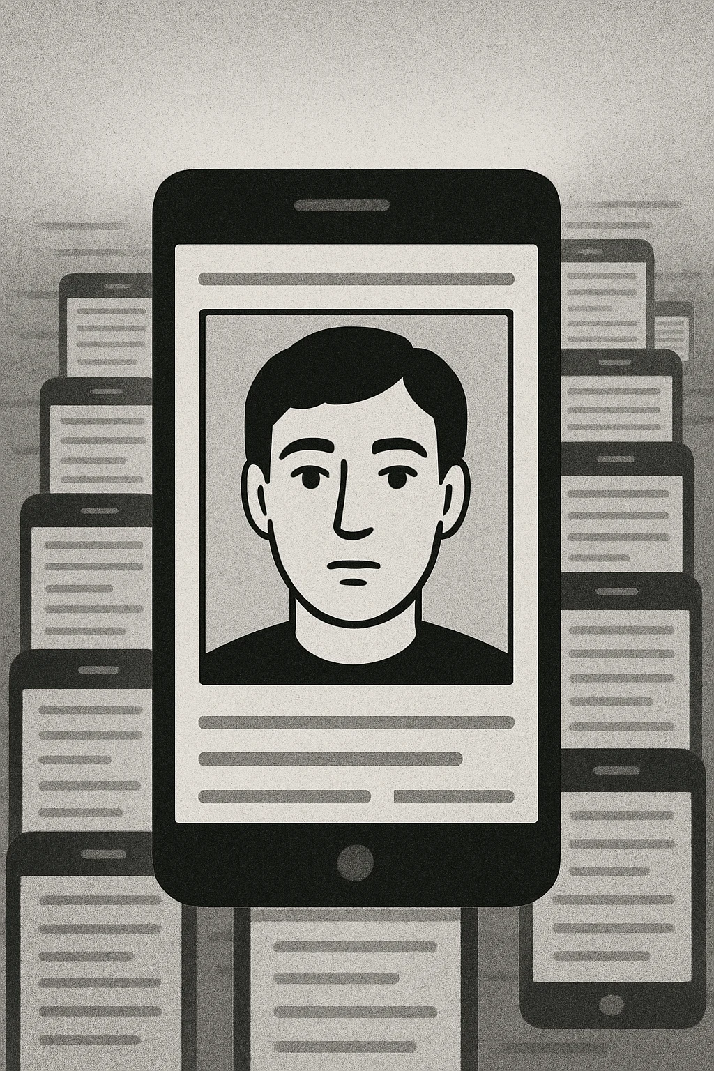 A person's profile displayed on a smartphone screen surrounded by countless other documents and profiles, representing the challenge of standing out in the digital crowd