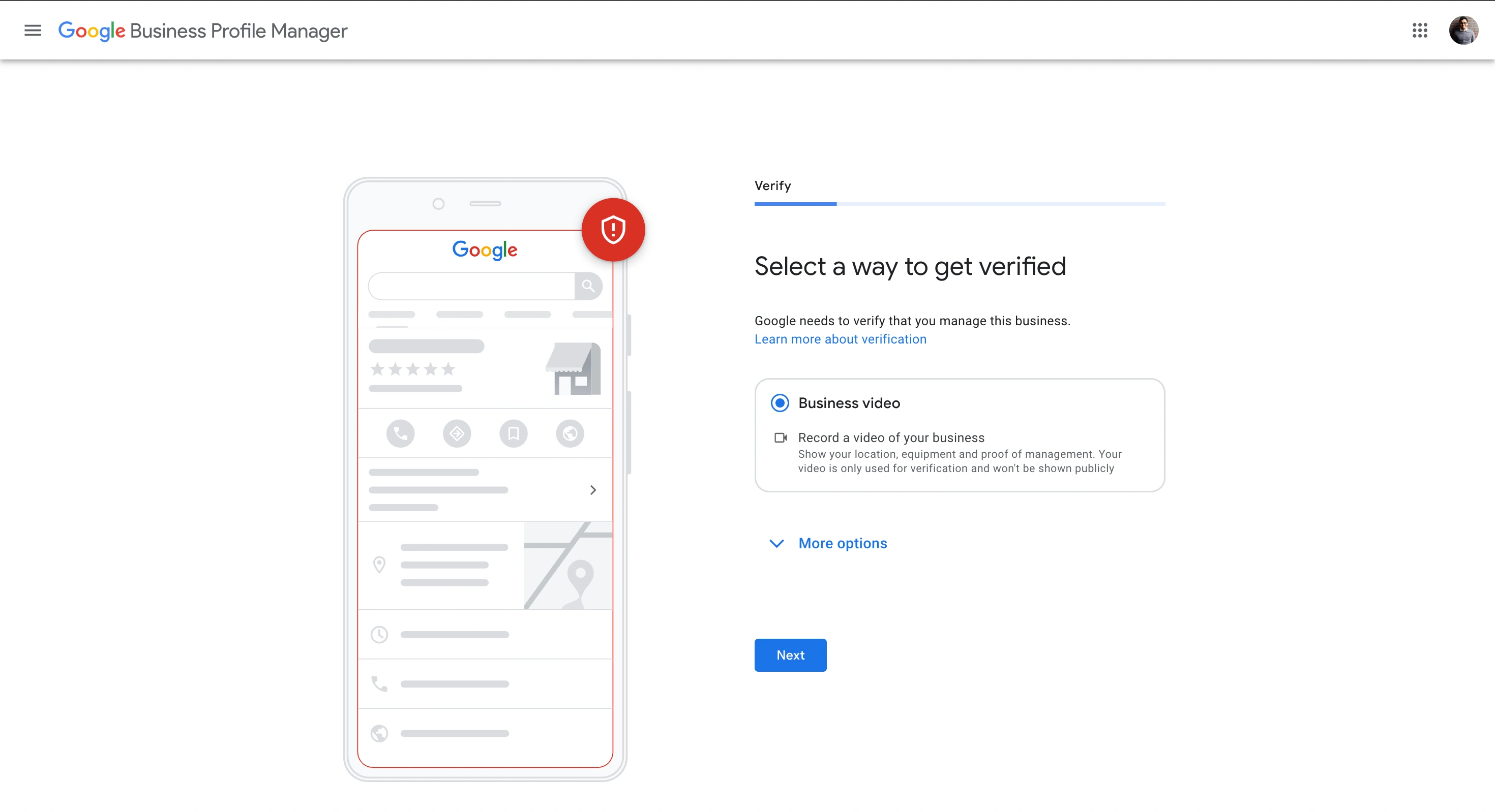 Screenshot of Google Business Profile desktop view showing video verification option