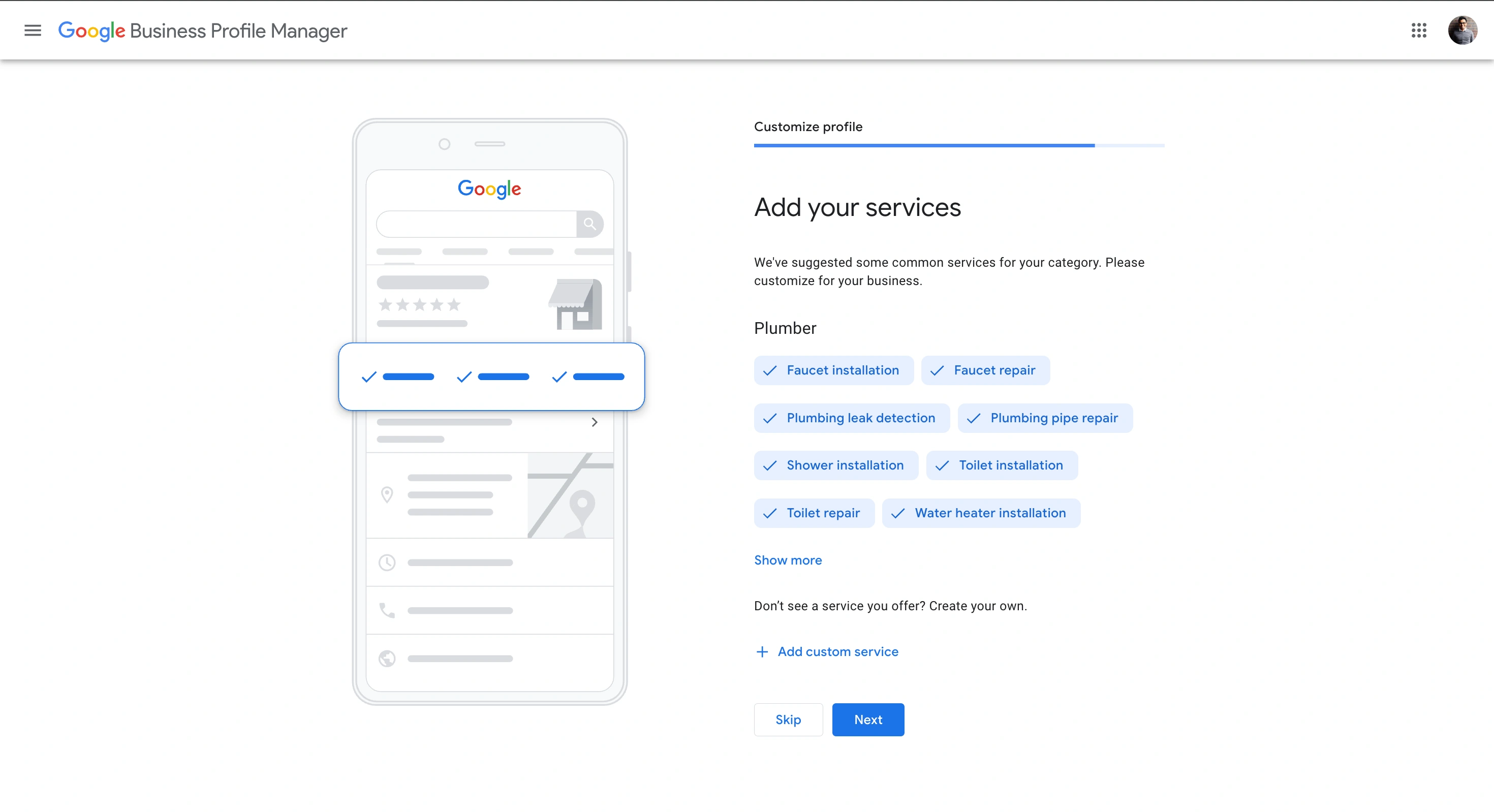 Desktop interface for adding business services in Google Business Profile