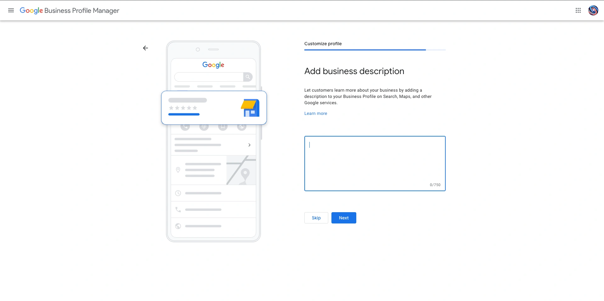 Desktop interface for writing business description in Google Business Profile