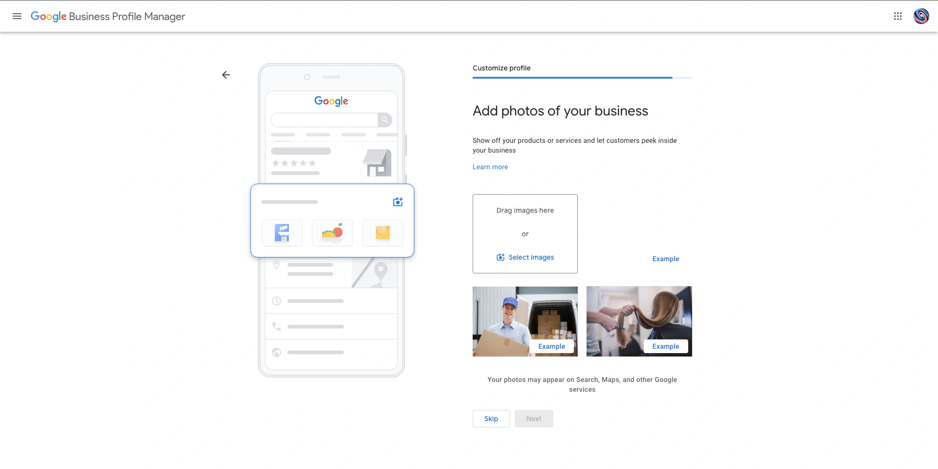 Desktop interface for uploading business photos to build customer trust in Google Business Profile