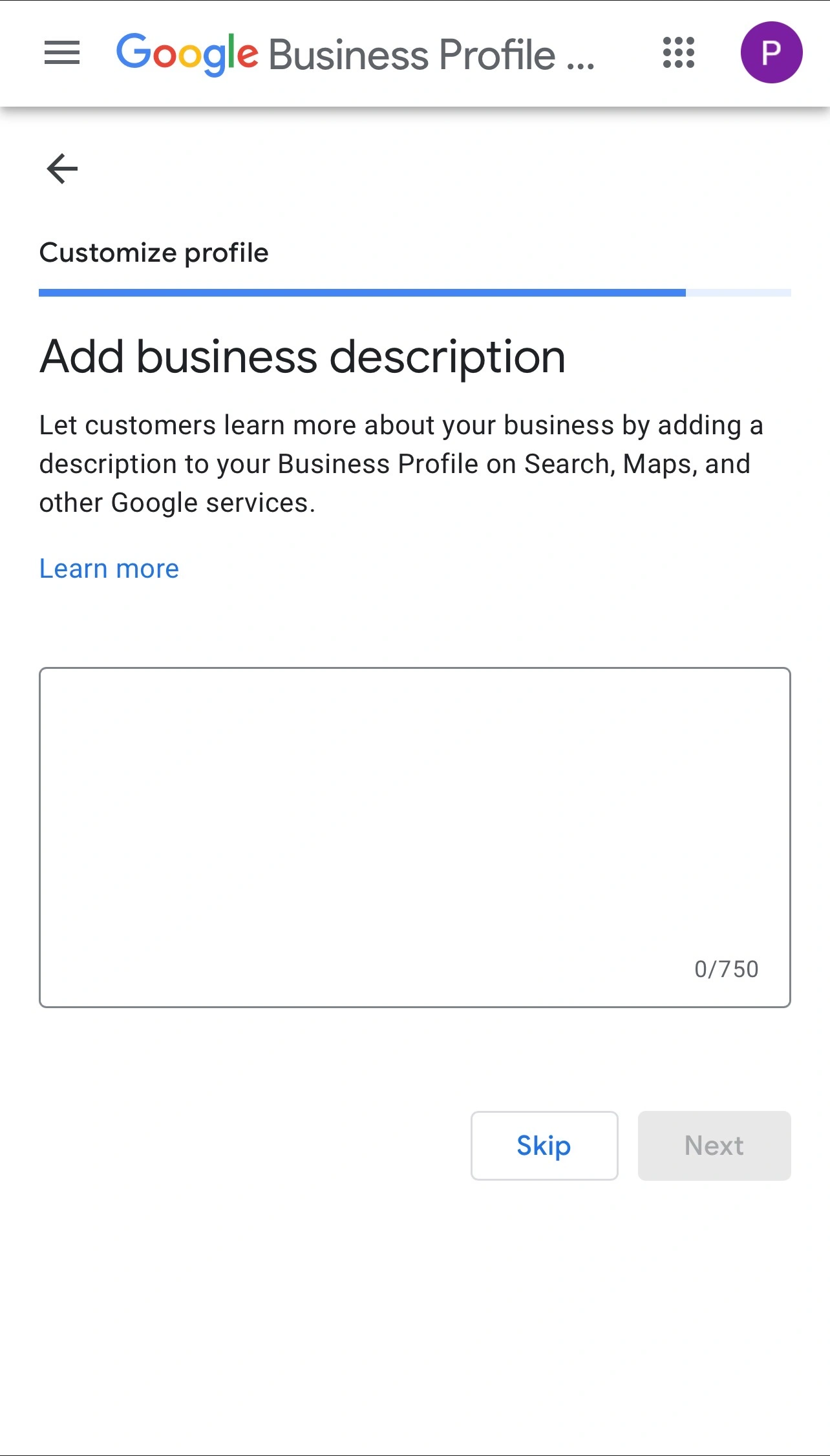 Mobile interface for adding business description with character counter in Google Business Profile