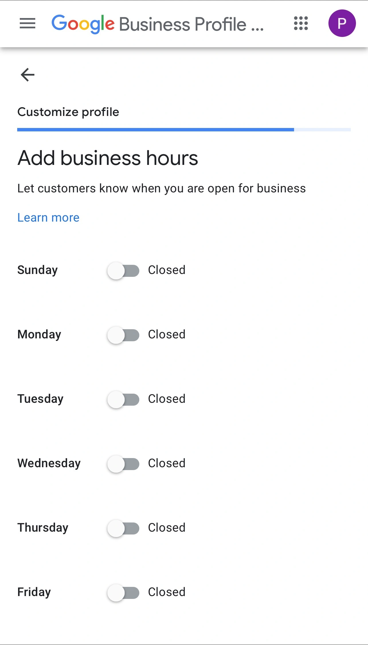 Mobile interface for setting business hours showing weekly schedule in Google Business Profile