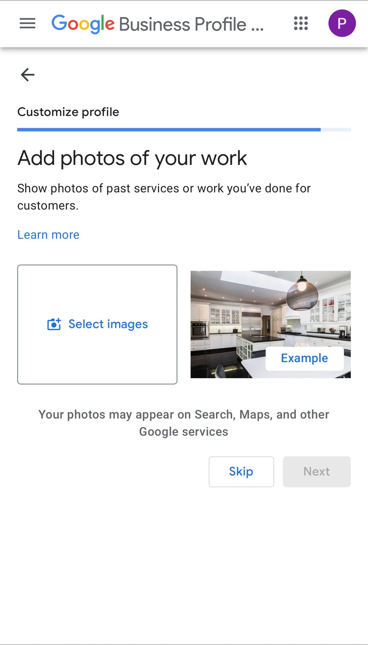 Mobile interface for adding work photos to showcase business services in Google Business Profile