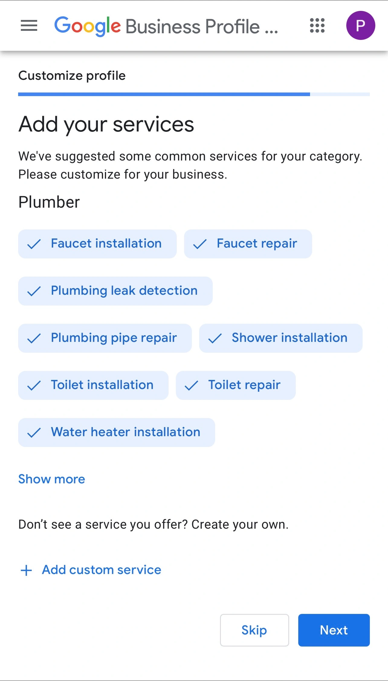 Add services screen in Google Business Profile showing service suggestions for businesses