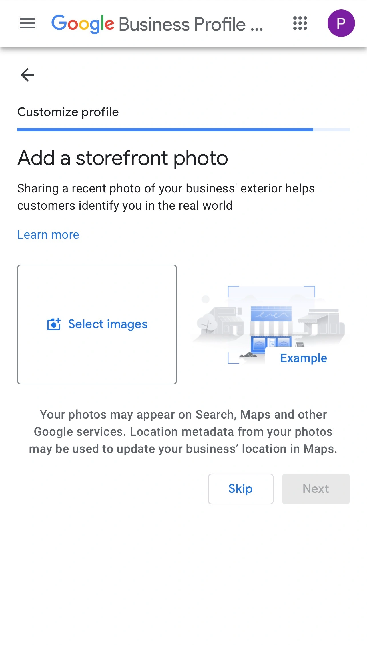 Mobile interface for uploading storefront photo in Google Business Profile for customer identification